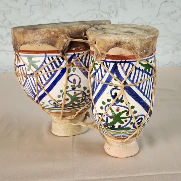 Moroccan Hand-Painted Ceramic Bongo Drums with Goat Hide – Handmade Folk Art - Picture 7 of 16